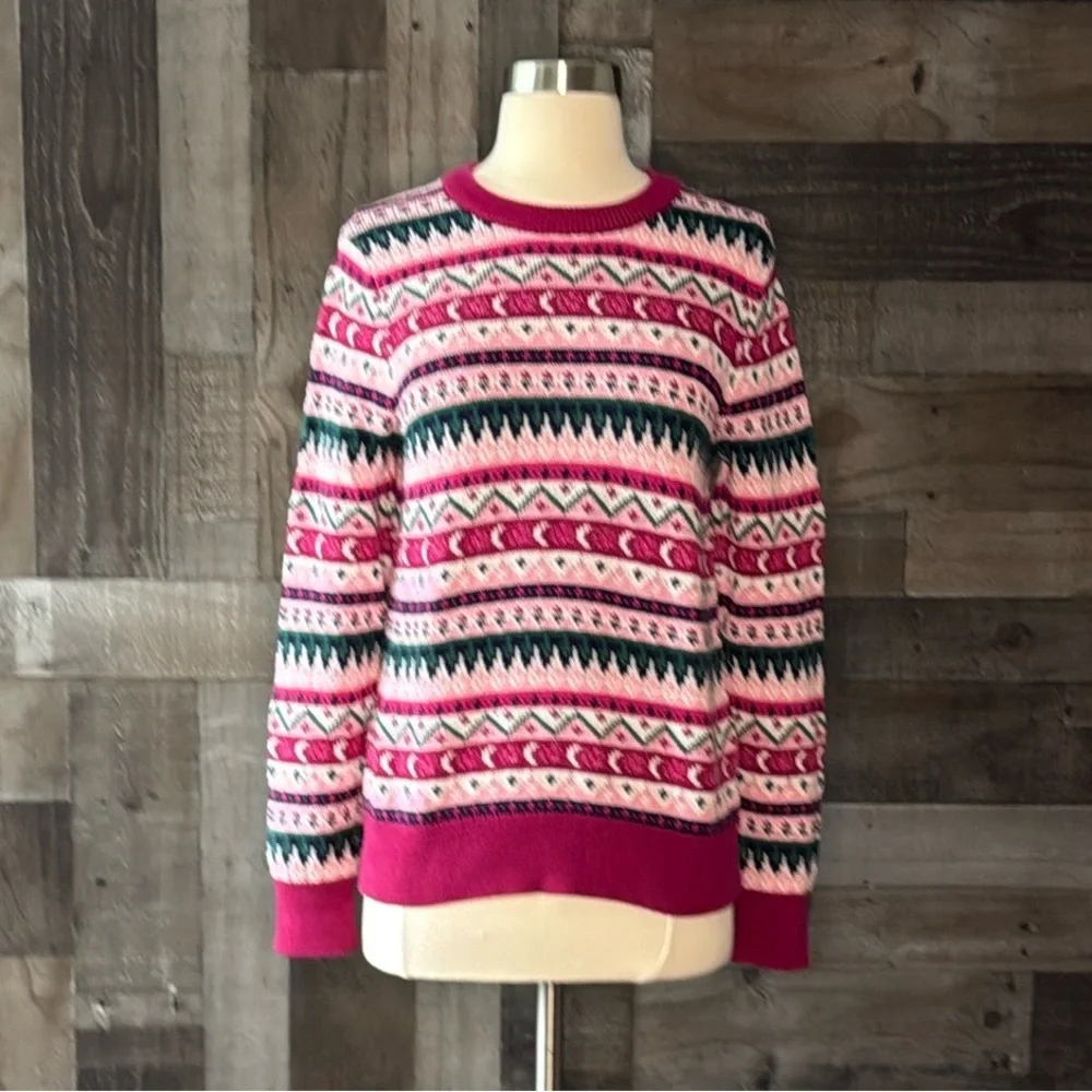 J.Crew pink green knit sweater small romantic feminine preppy holiday party